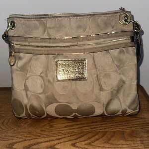 Coach Beige Signature Crossbody Bag with Gold Accents
